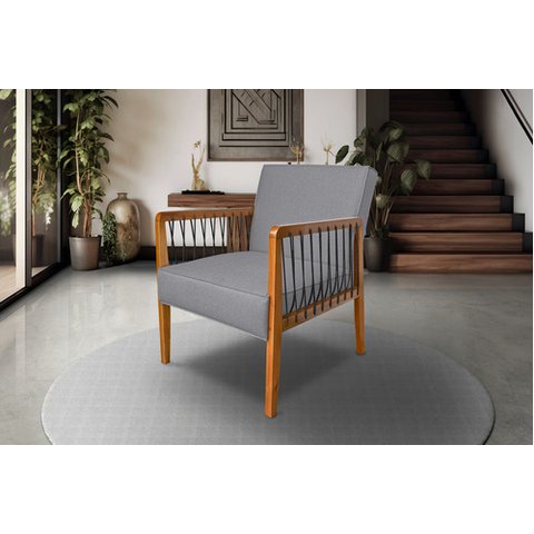 Poltrona Maia em Linho com Base Madeira Corda Náutica Linho Cinza Grafite Bz Home Decor