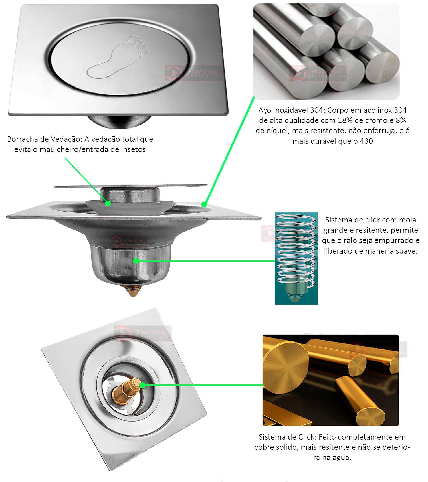 Ralo Inteligente Click Oculto Invisível Aço Inox 304 Cromado Quadrado 10 x 10cm Veda Cheiro Inseto - 3