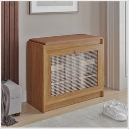 Sapateira Banco de Madeira Almofadado Corino Porta Palinha Rattan Basculante Plenitude Cor:marrom - 2