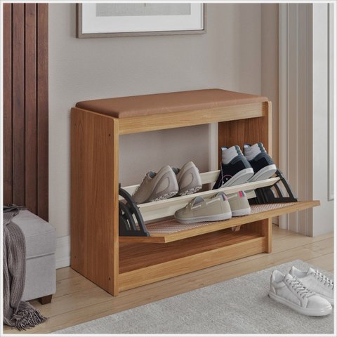 Sapateira Banco de Madeira Almofadado Corino Porta Palinha Rattan Basculante Plenitude Cor:marrom