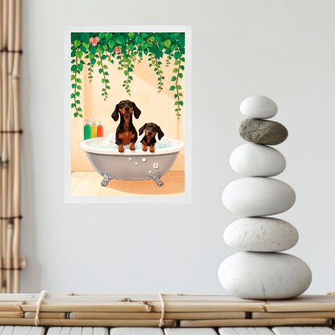 Quadro Banheiro Dachshunds na Banheira 24x18cm:moldura Preta