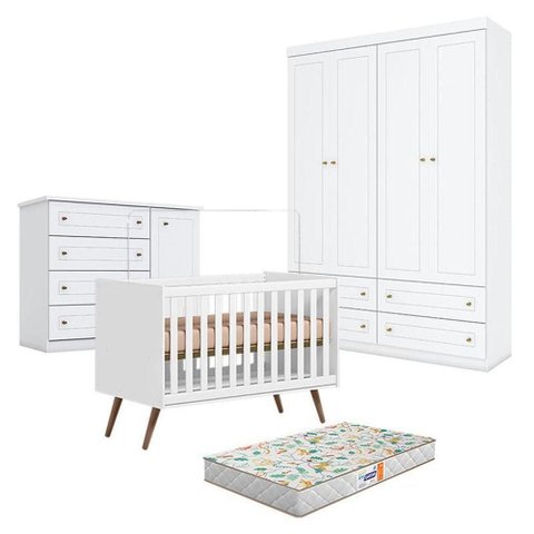 Quarto de Bebê Q Encanto 3820 Retrô 4 Portas 4 Gavetas MDP-MDF 133cm Branco Qmovi