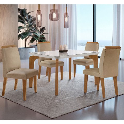 Conjunto Sala de Jantar Mesa Liz 120cm com Vidro Canto Copo e 4 Cadeiras Athenas Moderna