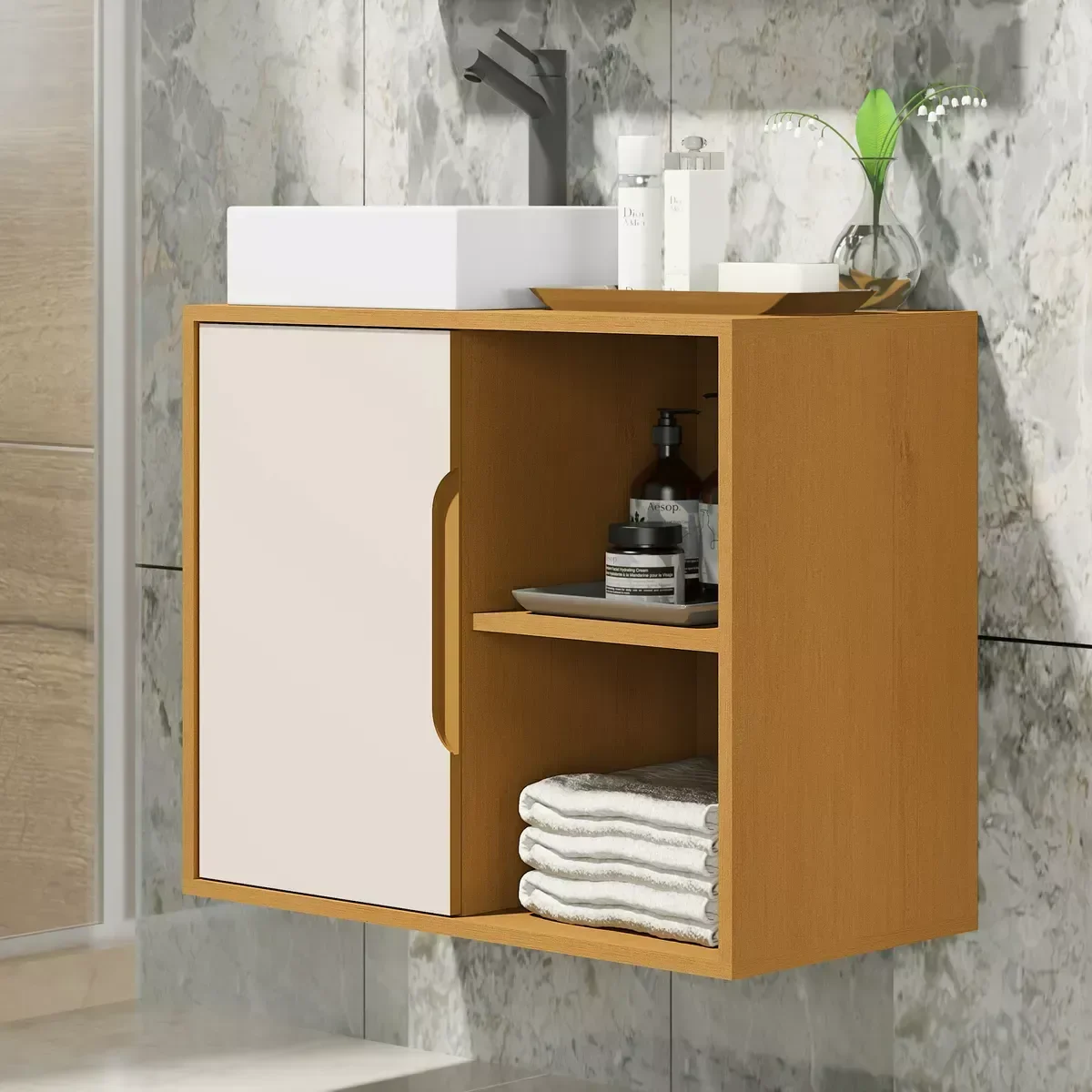 Kit Conjunto Gabinete Balcão Banheiro Espelheira Cuba Barém:nature/off White - 4