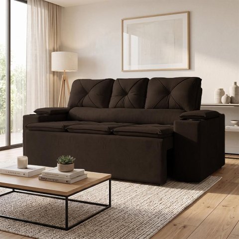 Sofá com Porta Copos Retrátil e Reclinável Siena 2,05m Velosuede - Netsofas - Marrom