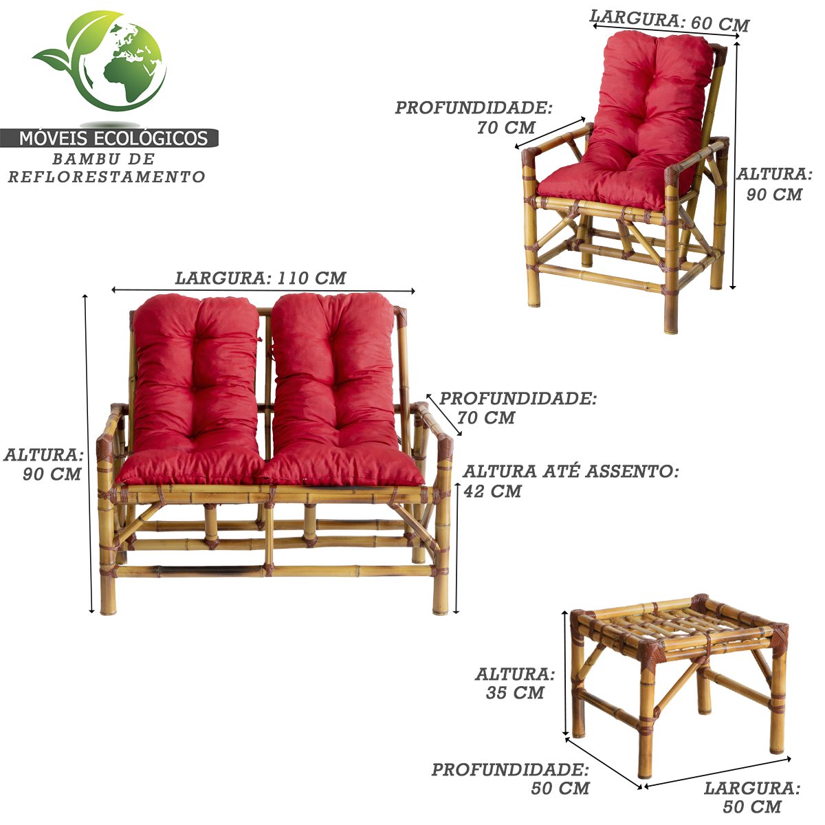 Conjunto Bambu Namoradeira, 2 Cadeiras + Mesa de Centro com Almofadas para Área T15 - 4