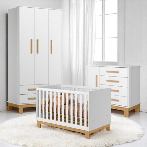 Conjunto Infantil Encanto Slim Branco Acetinado: Berço Encanto Slim Mini Cama + Cômoda Encanto