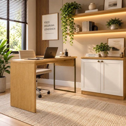 Conjunto de Escritório Completo 100% MDF com Escrivaninha com Metalon e Balcão Provençal Marrom