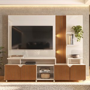 Estante Home para Tv até 55 Polegadas Impressão Ripada Cross Off White com Tauari - Lukaliam Móveis