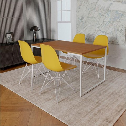 Mesa Industrial Base Ferro Branco Tampo 137x90 Canela 4 Cadeiras Ferro Branco Assento Amarelo
