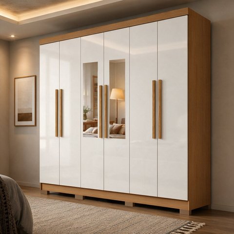 Guarda Roupa Casal com Espelho 6 Portas 2 Gavetas com Pés Lyon Yescasa Cinamomo/Off White