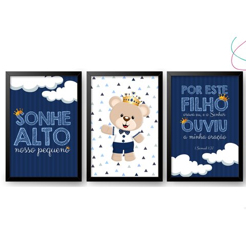 3 Quadros Decorativos Ursinho Príncipe 20x30 Moldura e Vidro:preta