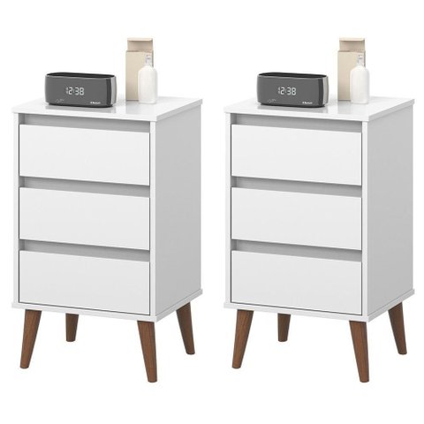 Kit 2 Mesas de Cabeceira Wood - Mdp 3 Gavetas Corrediças Metálicas Branco - Movelove