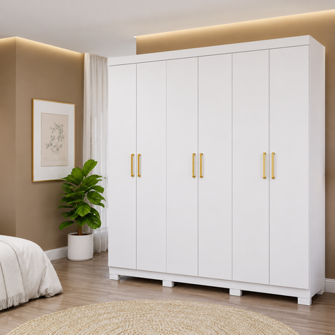 Guarda Roupa Casal em MDF 6 Portas 3 Gavetas Espelho Interno Giratório e Pés Maya - Panan
