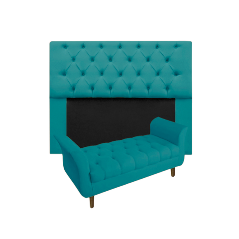 Cabeceira Mirage + Recamier Grécia com Capitonê Queen 160 cm Suede Azul Turquesa