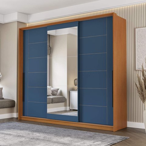 Guarda Roupa Casal 220cm 3 Portas de Correr com Espelho 240856 Lisboa Politorno Móveis