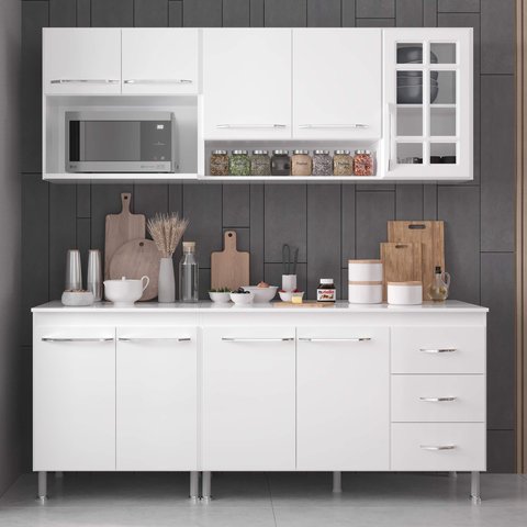 Armário de Cozinha Modulada Compacta Fidelitá Viena 4 Peças 190cm 9 Portas 3 Gavetas com Tampo