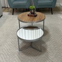 Ver imagem 2 de Conjunto Mesa de Centro Redonda Dallas Amadeirado com Espelho - Prata