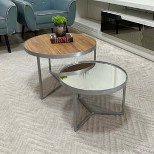 Conjunto Mesa de Centro Redonda Dallas Amadeirado com Espelho - Prata
