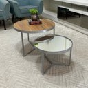 Ver imagem 1 de Conjunto Mesa de Centro Redonda Dallas Amadeirado com Espelho - Prata