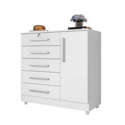 Cômoda Grande 5 Gavetas 1 Porta com Chave Elegante Branco Repleta - 4