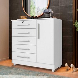 Cômoda Grande 5 Gavetas 1 Porta com Chave Elegante Branco Repleta - 1