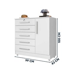 Cômoda Grande 5 Gavetas 1 Porta com Chave Elegante Branco Repleta - 3