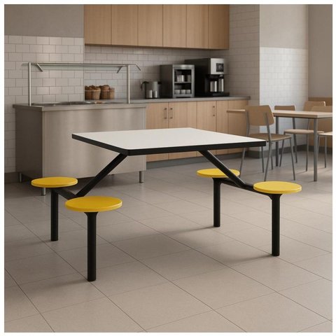 Mesa para Refeitório Fixa 4 Lugares MDP Branco de 25 mm - Assento Amarelo - 50303
