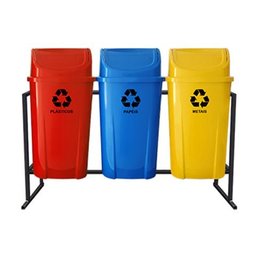 Coletor Seletivo Basculante 60L - 3 Lixeiras com Sup. de Metal Colorido - 1