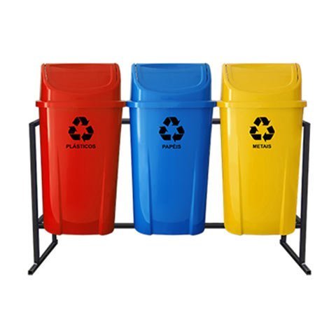 Coletor Seletivo Basculante 60L - 3 Lixeiras com Sup. de Metal Colorido