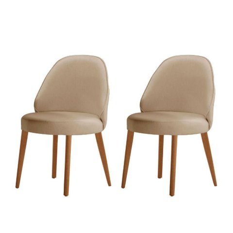 Conjunto Suíça com 2 Cadeiras Madeira Moderna Mobília Veludo Bege / Imbuia Nat.