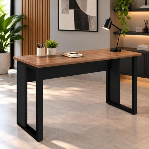Mesa de Trabalho Industrial 150 cm X 60 cm Tampo Encorpado 25 mm F5 Office Cor:Nogal com Preto