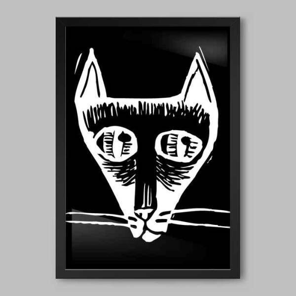 Quadro Animal Ilustração Gato P&B - 60x40cm - Moldura Caixa Preto - 1