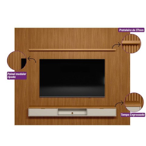 Painel Ripado Modular para Tv até 75 Polegadas 1 Nicho 1 Prateleira 2 Portas