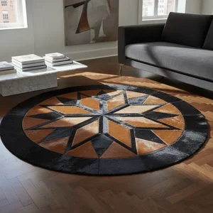 Tapete de Couro Natural Mandala Vermelho Preto Angus 1,60 Diametro