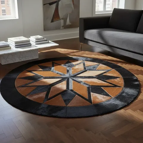 Tapete de Couro Natural Mandala Vermelho Preto Angus 1,60 Diametro