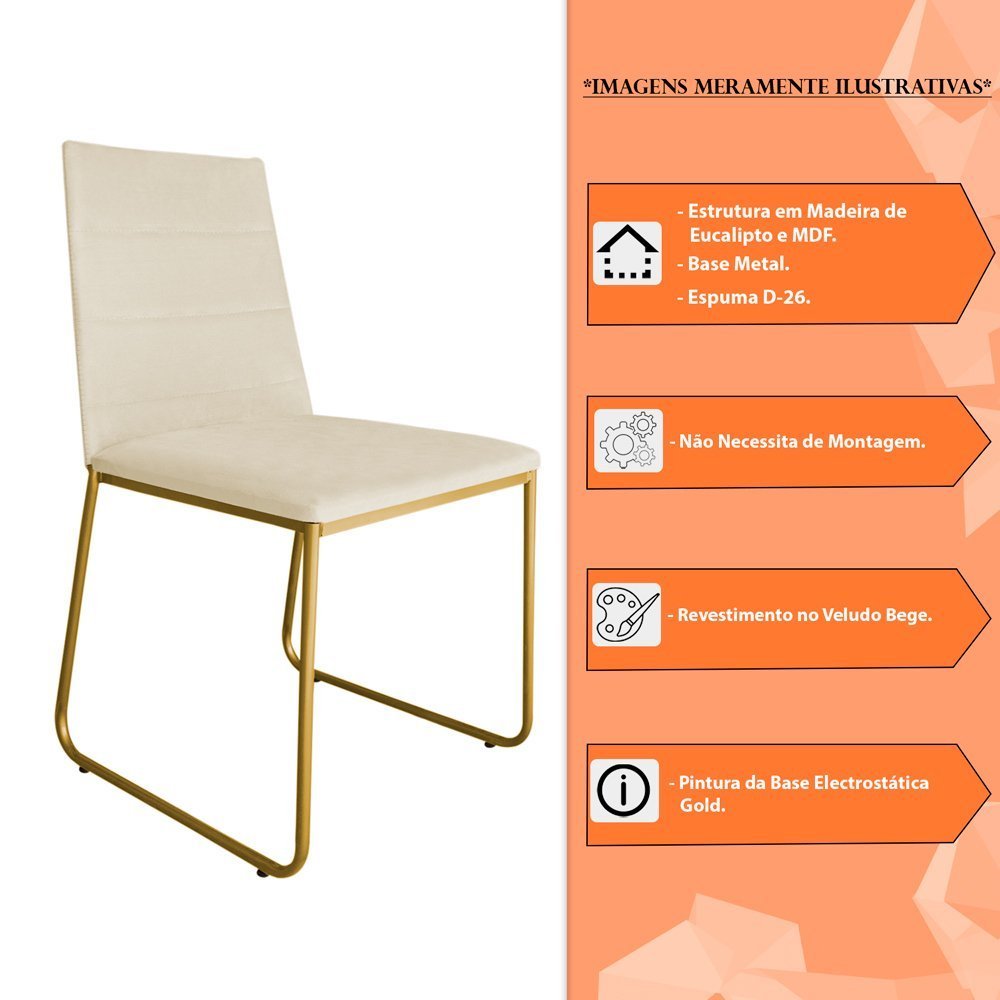 Kit 2 Cadeiras de Jantar Lille Base Aramado Gold Veludo Bege - Montanaris Decor - 6