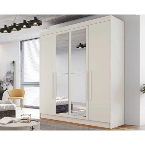 Guarda Roupa Solteiro 3 Gavetas e 4 Portas C-2 Espelho Nantes Off White - Europa