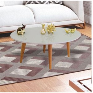 Mesa de Centro Oval Laqueada com Vidro - Off White - P