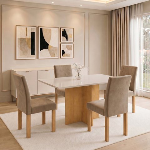 Conjunto de Mesa de Jantar 4 Lugares Retangular 120x80cm MDF Cinamomo e Off White