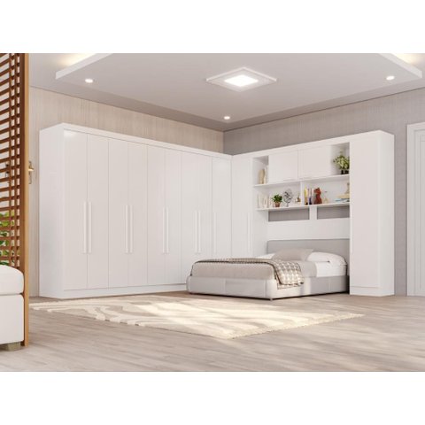 Guarda-Roupa Casal Modulado de Canto com 13 Portas Espaço para Cama Multimóveis Branco