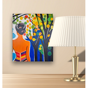 Mini Quadro Garota sob Árvore Colorida Pintado a Mão 30x25cm