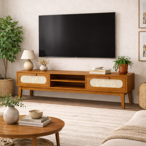 Rack Santorini 180cm com Pé Madeira Maciça C/ Amplas Gavetas:naturalle