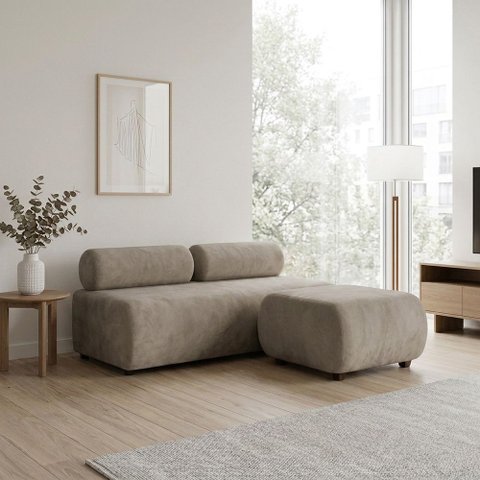 Sofá 3 Lugares e Puff para Sala Orgânico Nara Base Fixa Suede D03 - D'Rossi