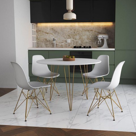 Mesa Jantar Redonda 110Cm Branca Clips 3 Pés Com 4 Cadeiras Brancas Base Dourada - Cor: Branco