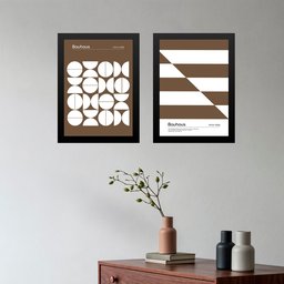 Kit 2 Quadros Abstratos Bauhaus - Marrom e Branco 33x24cm:moldura Branca - 2 Kit 2 Quadros Abstratos Bauhaus - Marrom e Branco 33x24cm:moldura Branca - 2