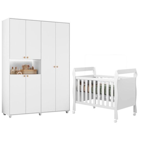 Berço Americano Mini Cama Soninho com Guarda Roupa Infantil Vittoria Branco - Móveis Albatroz