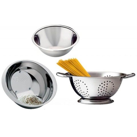 Conjunto Aço Inox 3 Peças Escorredor Arroz Macarrão E Bowl