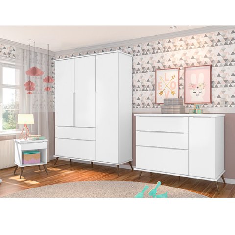Jogo de Quarto Infantil de Bebê Melinda Branco Roupeiro + Cômoda + Mesa de Apoio - Phoenix Baby