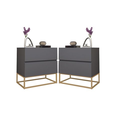 Conjunto 2 Mesa de Cabeceira Estilo Industrial 2 Gavetas Eros 45 Base Dourado:cinza